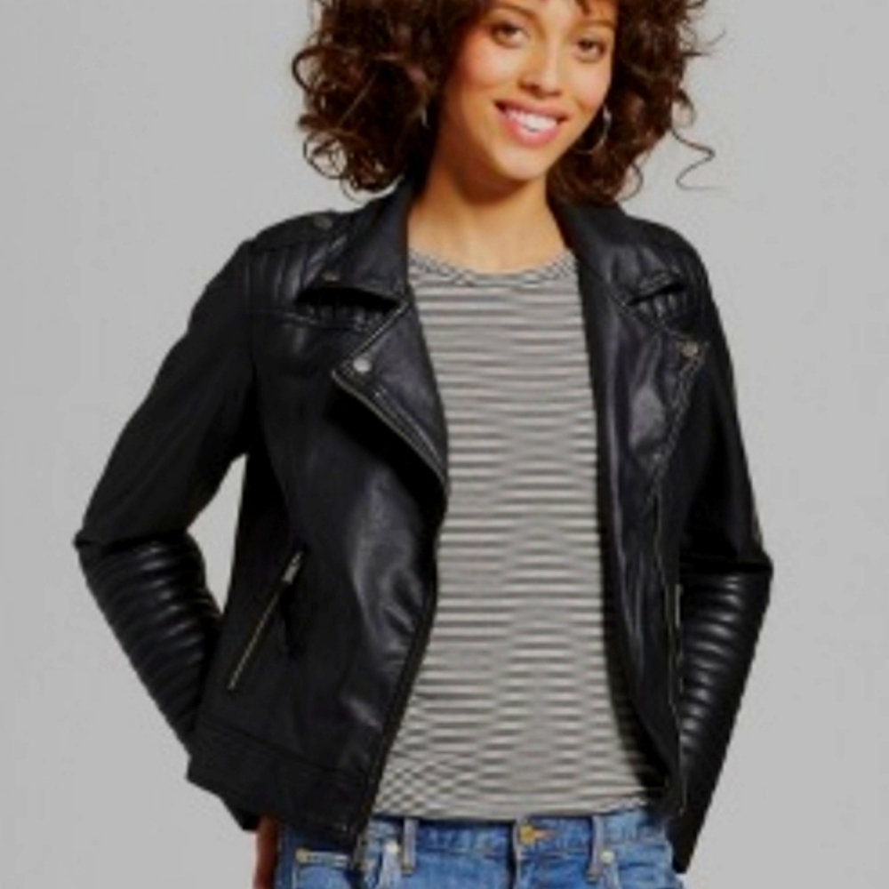 Leather Faux Leather Jacket Zip-up Front